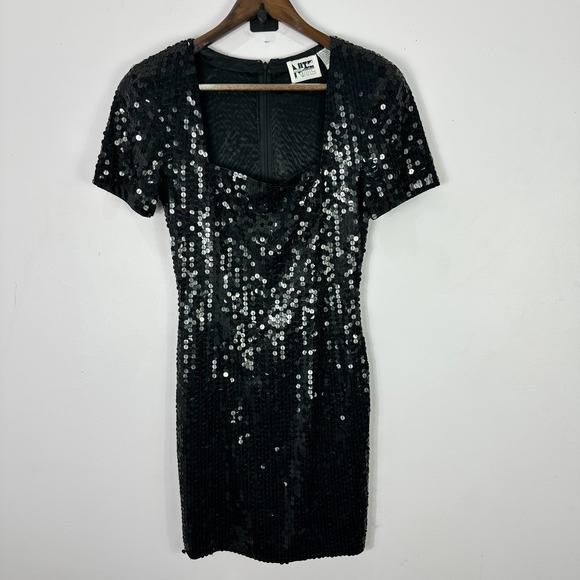 Nite Line Black Sequin Dress Womens 6 Bodycon Short Sleeve Cocktail Edgy Glam - Picture 1 of 7